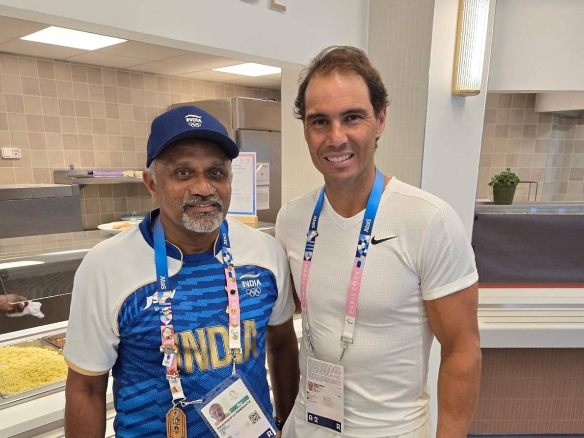 Indian tennis team coach Balachandran Manikkath meets Rafael Nadal at the Olympic Village ahead of the Paris Olympics 2024