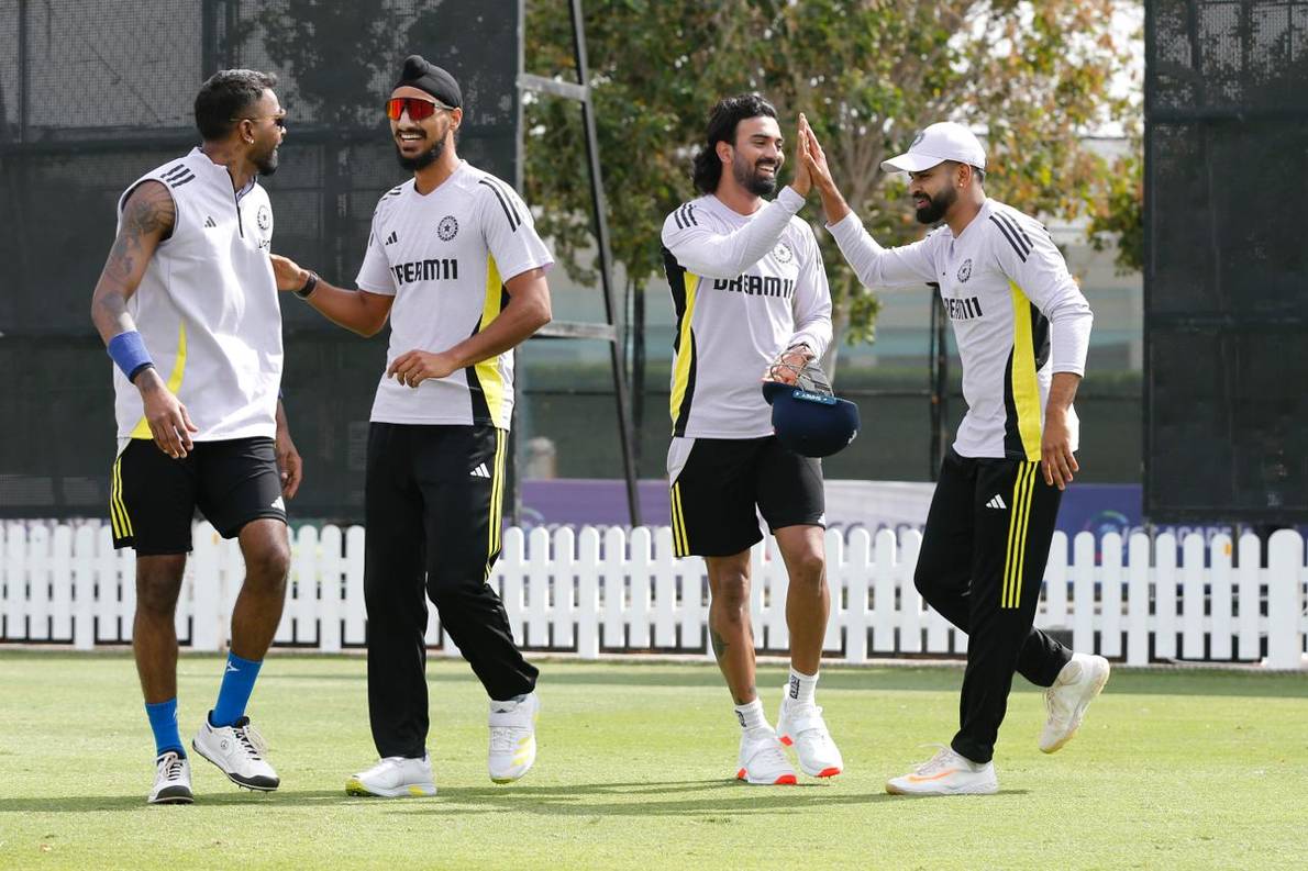 Arshdeep Singh with teammates during the training session for Champions Trophy