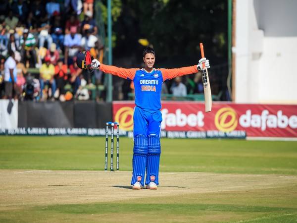 India opener Abhishek Sharma's celebration after scoring a ton against Zimbabwe in Harare (Image: BCCI/X)