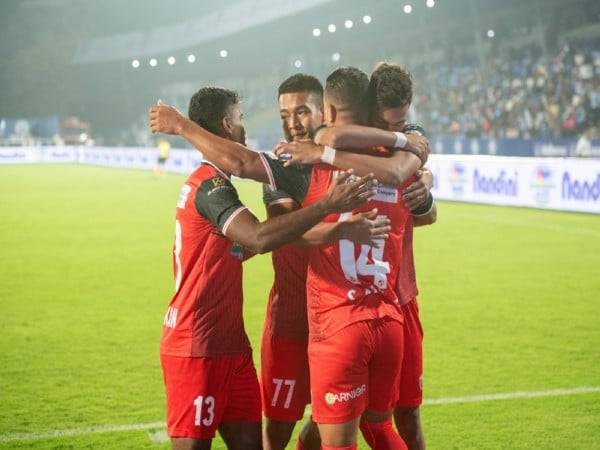 NEUFC's Alaaeddine Ajaraie, Muthu Irulandi Mayakkannan and Buanthanglun Samte celebrating. (Picture: ISL Media)