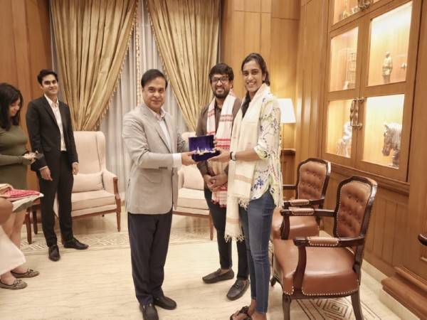 Assam CM Himanta Biswa Sarma along with PV Sindhu and Venkata Datta Sai  (Photo: Assam CMO)