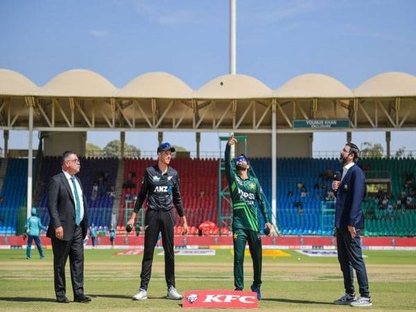 Mohammad Rizwan and Mitchell Santner during the time of the toss (Photo: @TheRealPCB/X)