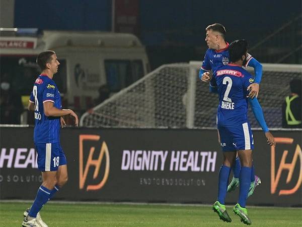 BFC's Alberto Noguera celebrating with team mates Rahul Bheke and Pedro Capo after scoring against NEUFC (Photo: ISL)