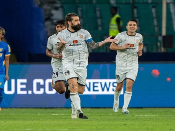 PFC's Luka Majcen celebrating with team mates Ezequiel Vidal and Muhammad Suhail after scoring (Photo: ISL)